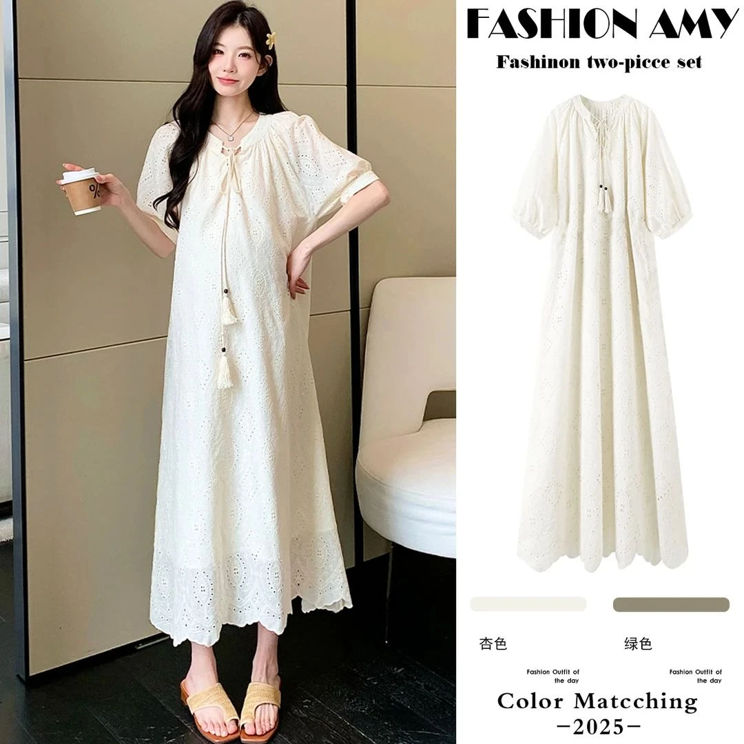 孕妇连衣裙夏季新款时尚法式气质蕾丝镂空刺绣泡泡袖宽松显瘦裙子