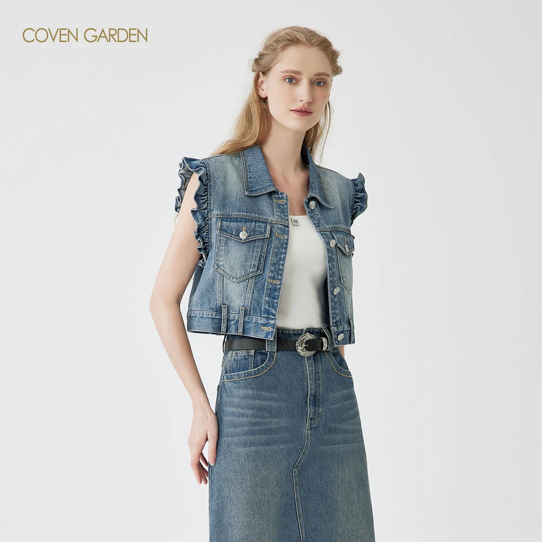哥文花园棉质牛仔马甲短款CSA1045490