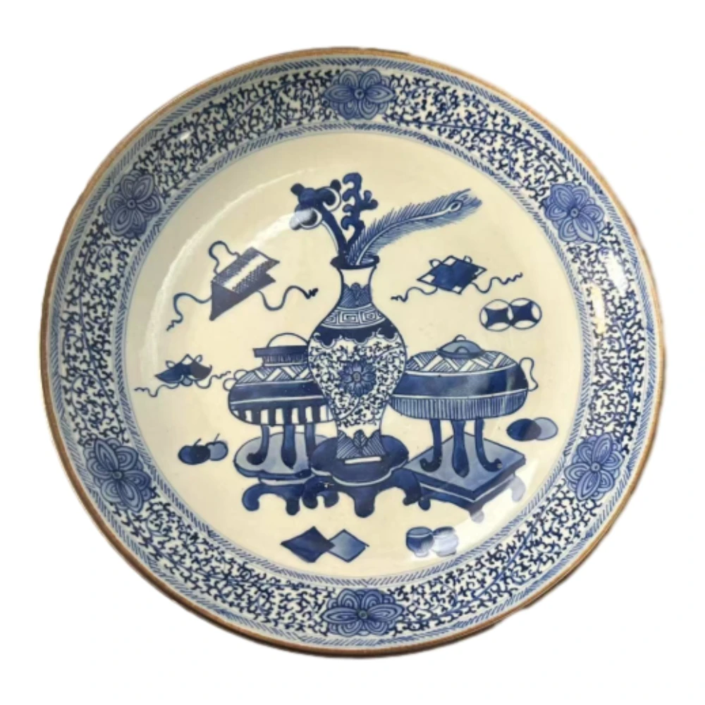 A9999清光绪青花博古图青花赏盘