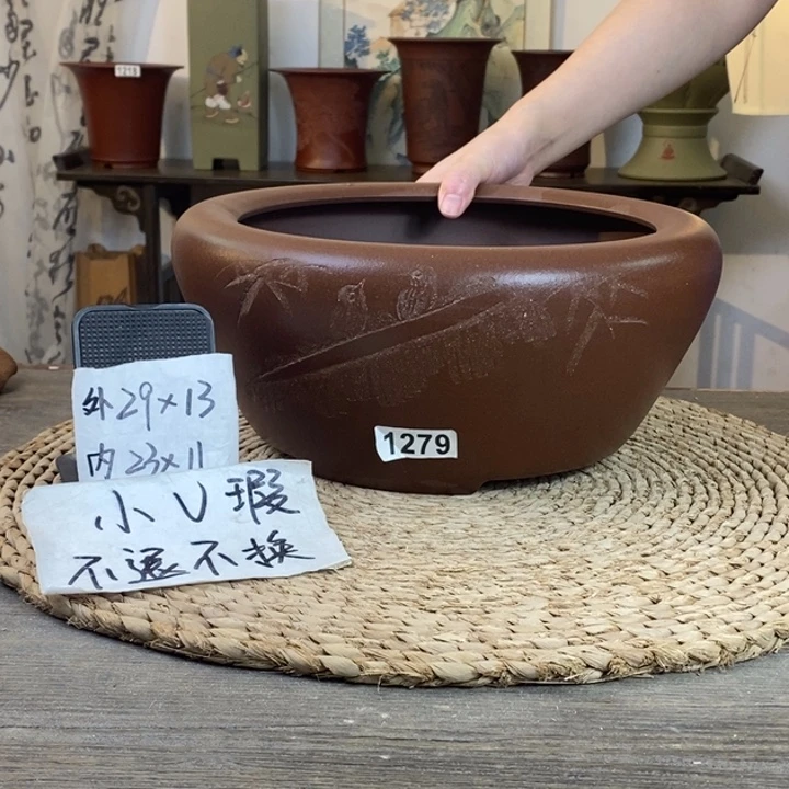 紫砂花盆 微微瑕紫泥刻绘大窝口1279