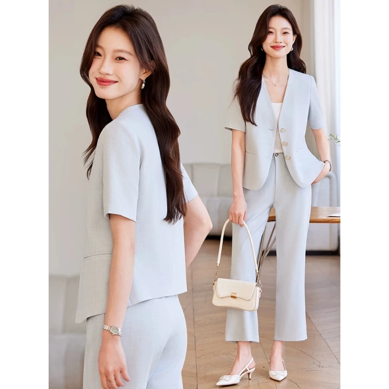 短袖西装外套女夏季薄款2025新款小个子高级感休闲短款小香风套装