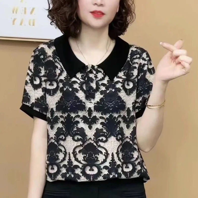 中老年女衬衫娃娃领洋气百搭短袖气质妈妈装夏季大码小衫时尚T恤