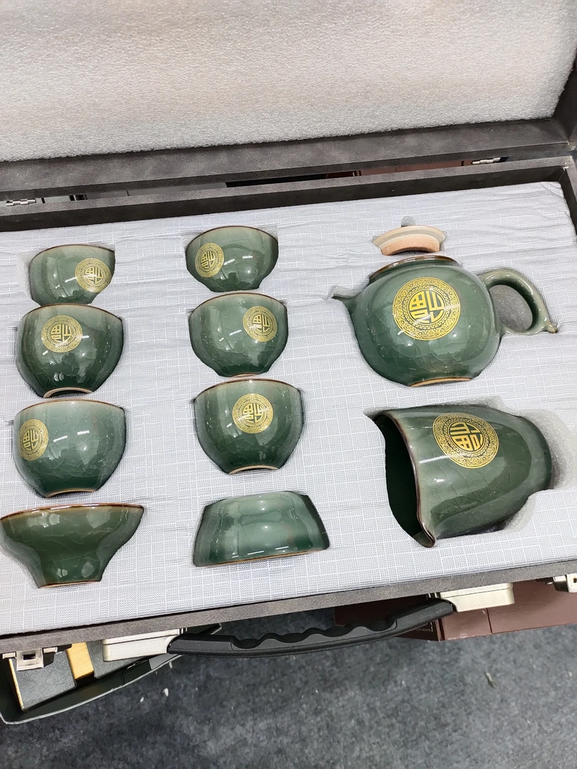 哥窑冰裂福字描金茶壶套装高档茶道礼盒82