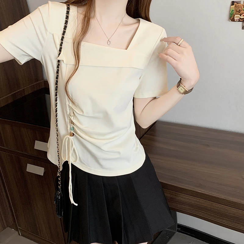 大码女装白色短袖t恤女款2025新款爆款胖mm时尚方领正肩显瘦上衣