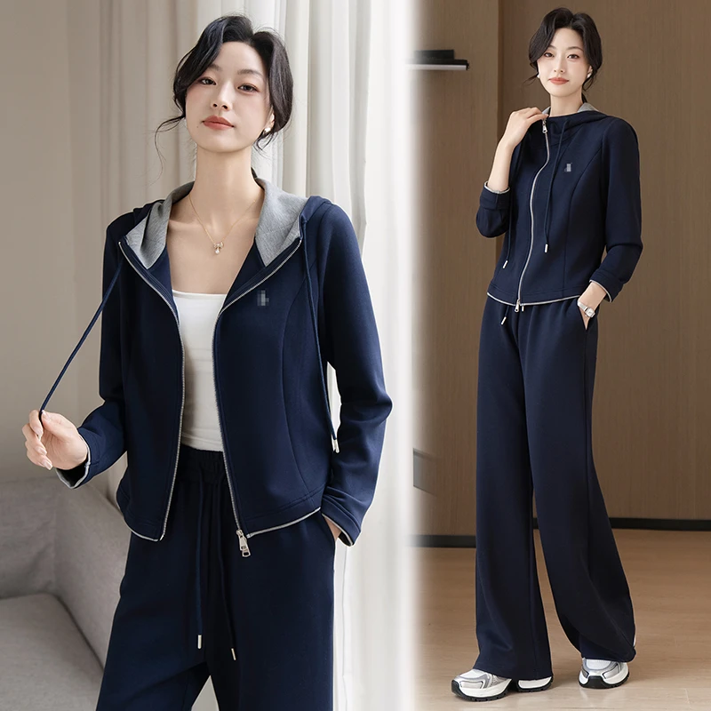 欧洲站2025春秋高级感连帽卫衣套装女休闲运动服阔腿裤遮肉两件套