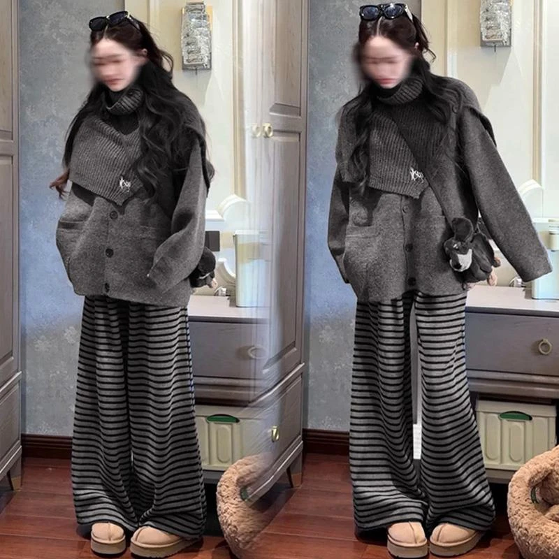 加厚秋冬孕妇装时髦洋气高级感穿搭围脖毛衣两件套加绒条纹阔腿裤