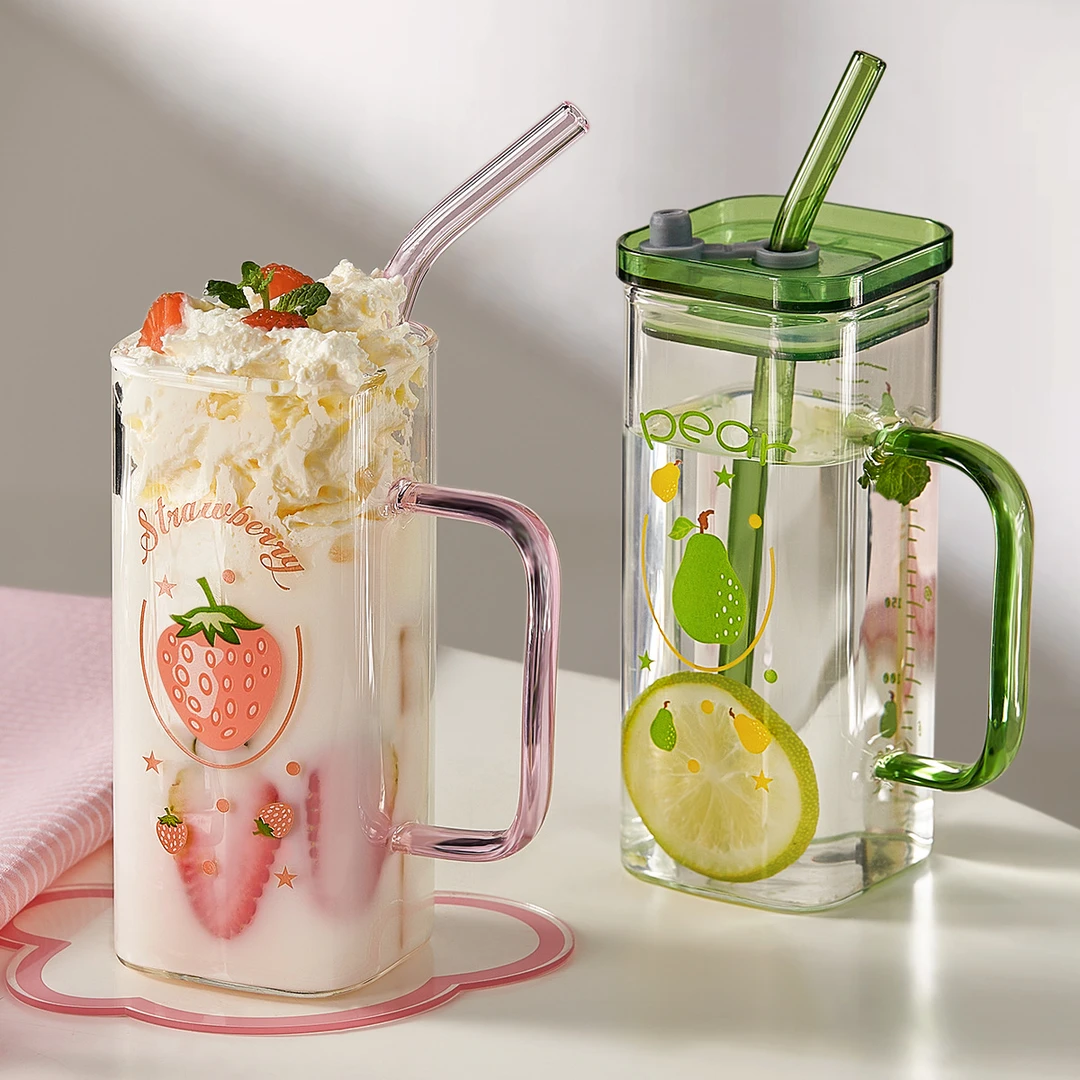 方形吸管杯牛奶杯果汁杯创意大容量喝水杯简约玻璃耐热耐高温