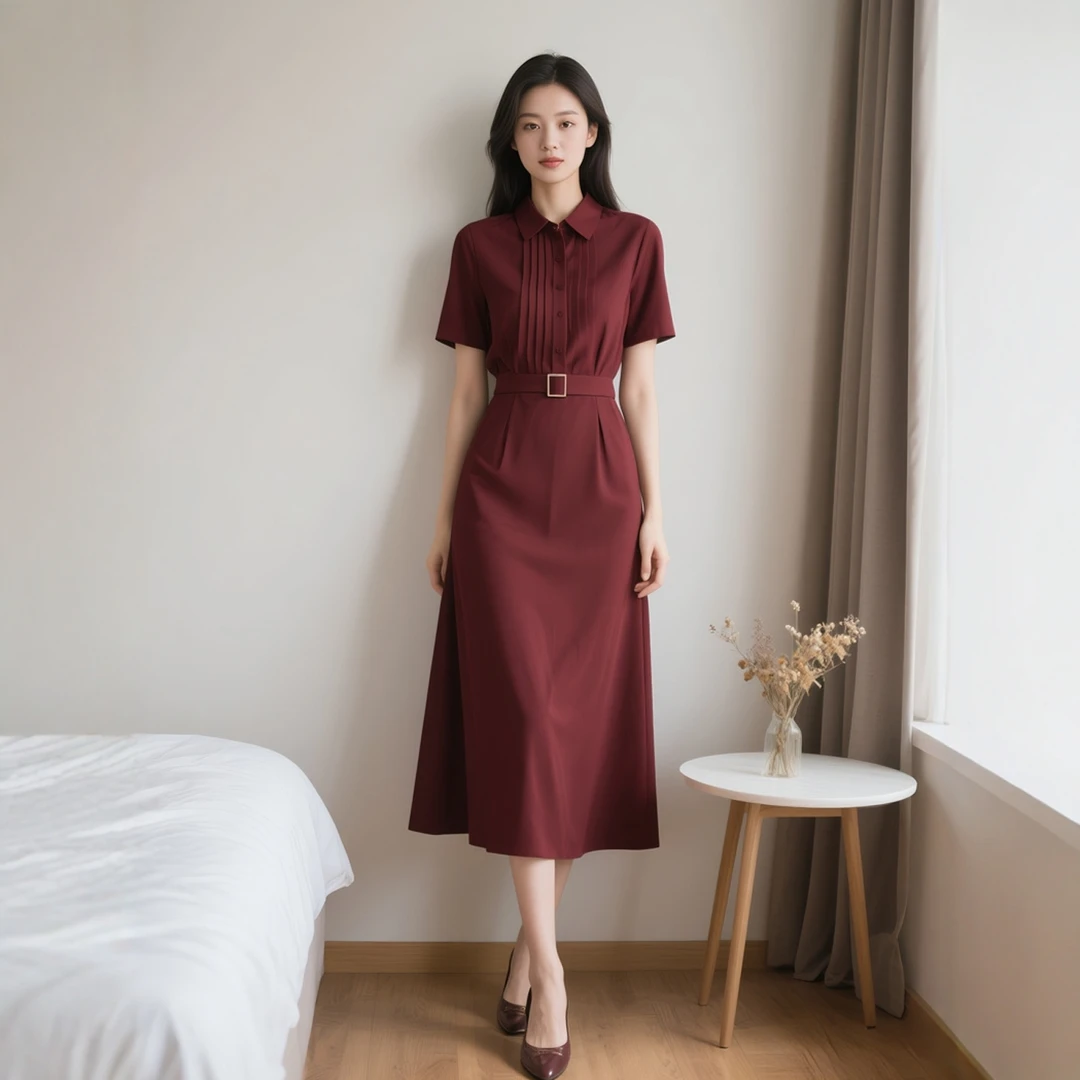 夏季新款女装时尚穿搭酒红色法式复古优雅连衣裙显瘦通勤女士气质