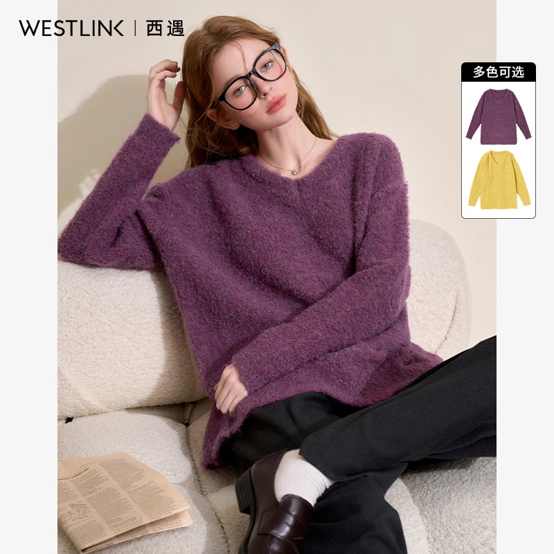 西遇法式V领针织衫女2024年冬季新款复古慵懒风设计感软糯毛衣