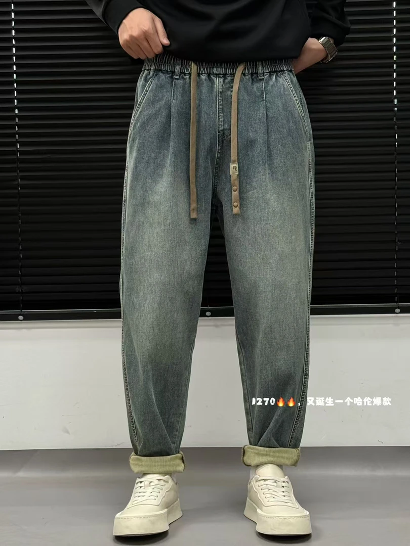 春季休闲哈伦牛仔裤裤松紧腰水洗百搭潮流时尚直筒宽松男士