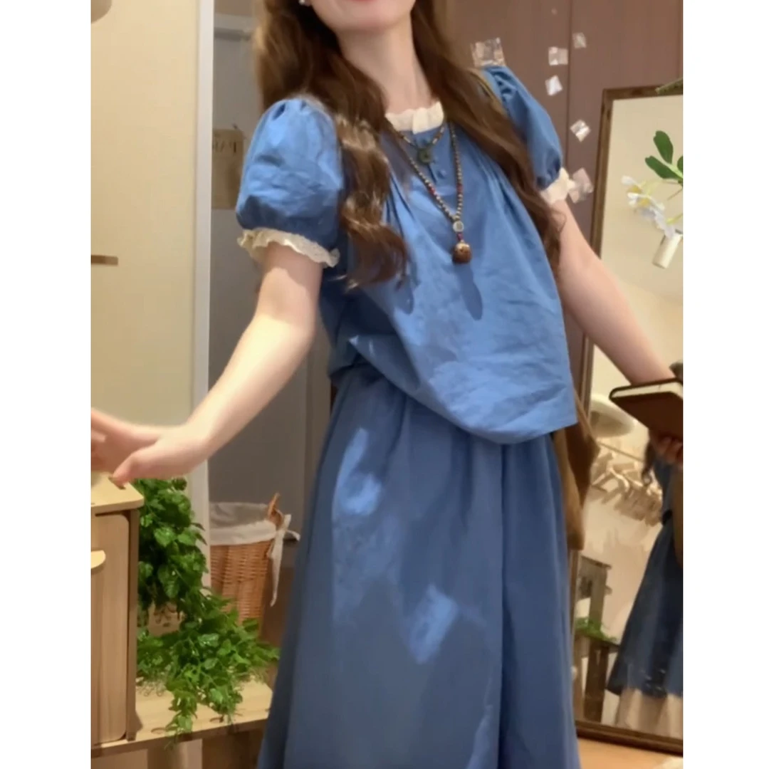 蓝色短袖半身裙两件套装女2025年爆款超火春装一整套大方得体穿搭