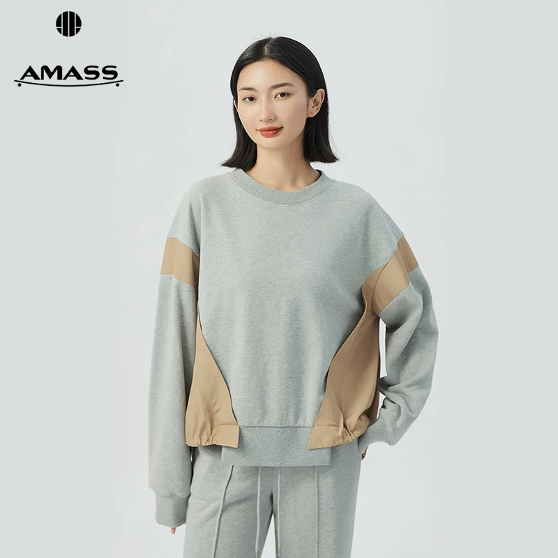 阿玛施AMASS新款女装圆领廓形套头T恤拼接撞色休闲卫衣女5300801