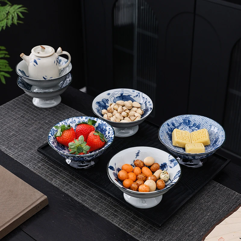 围炉煮茶水果盘青花陶瓷家用高脚盘茶点盘干果盘点心盘零食贡品盘