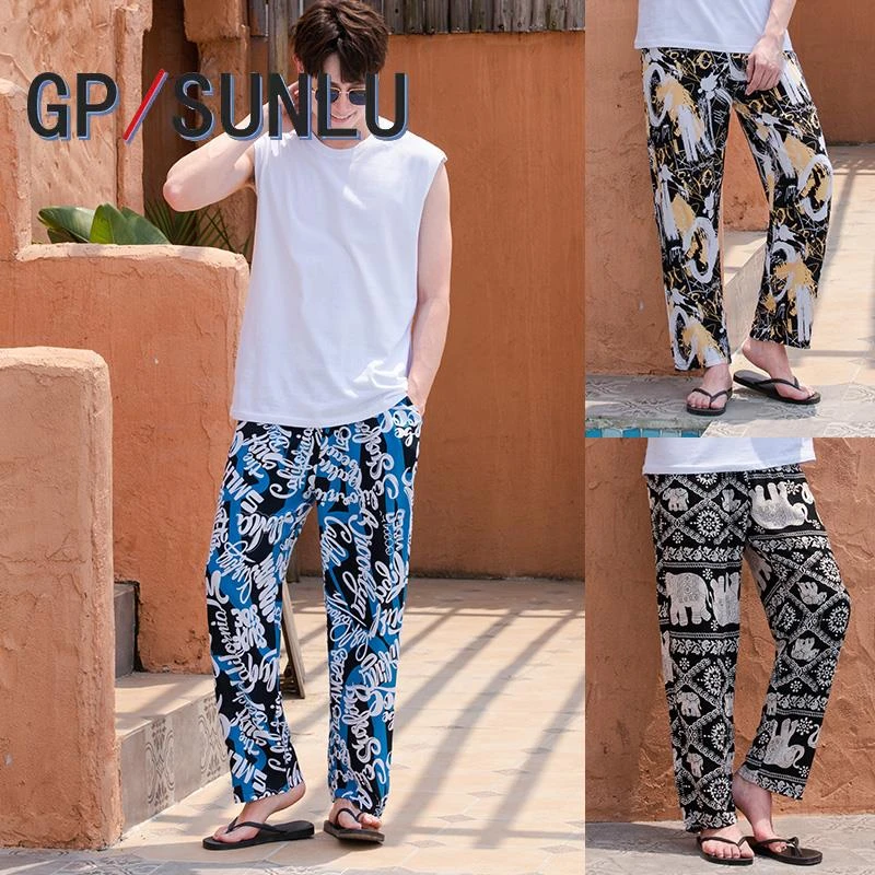 日本小众GP男士棉绸花睡裤薄款夏季沙滩春秋天家居长裤绵绸睡衣格