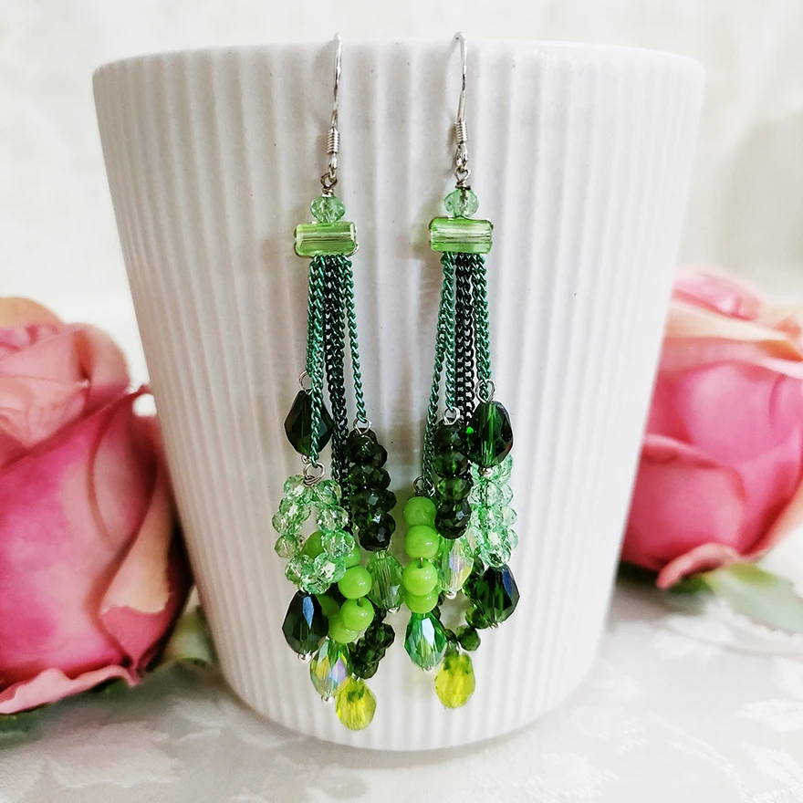 铜合金玻璃耳饰 民族风手工气质百搭时尚复古流苏耳环绿色长款804