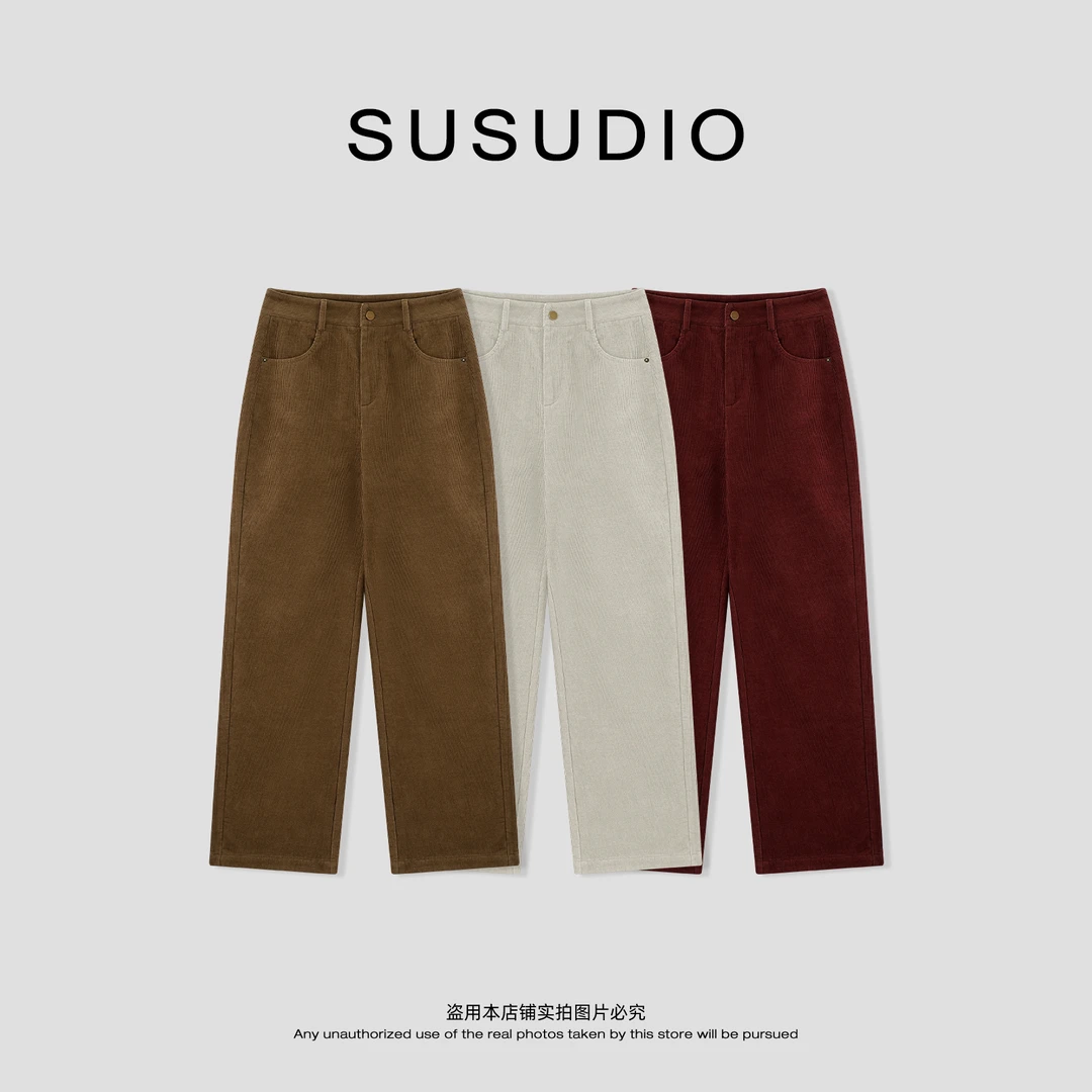 SUSUDIO 100棉 极简主义灯芯绒磨毛绒直筒显瘦百搭休闲裤 40782