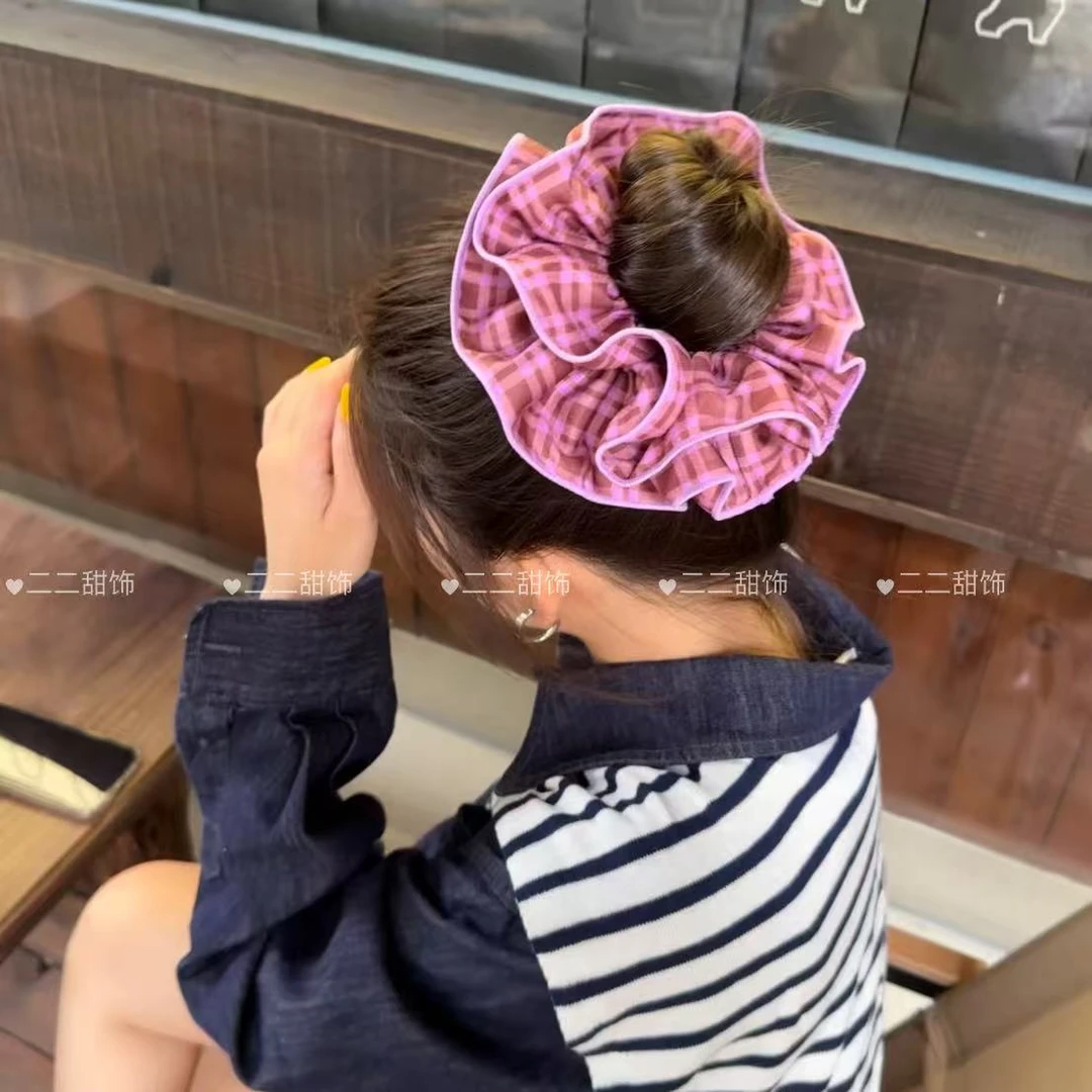 露丝同款紫色格纹大肠发圈高级感四层复古头绳新款发饰