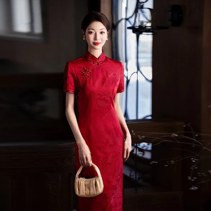 高端大气红色妈妈旗袍新款春夏女显瘦优雅气质修身真丝高端桑蚕丝