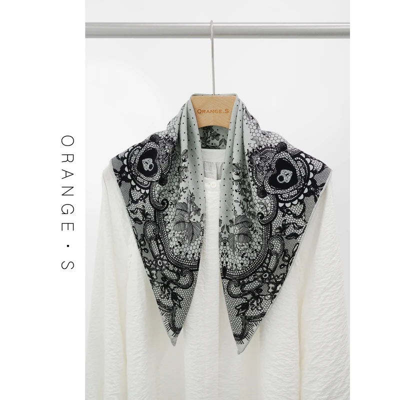 丝毛中方巾！【浪漫蕾丝】精美蕾丝波点印花桑蚕丝绵羊毛围巾62cm