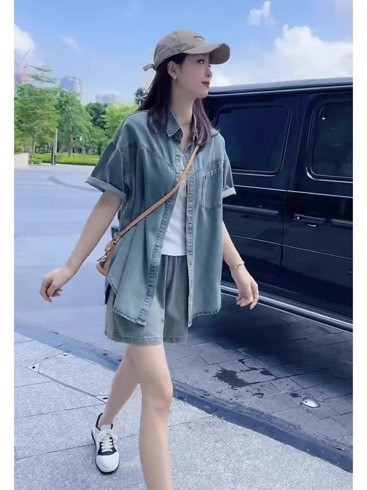 2025夏装新款清新时尚宽松显瘦遮肉小香风牛仔短裤休闲两件套装女