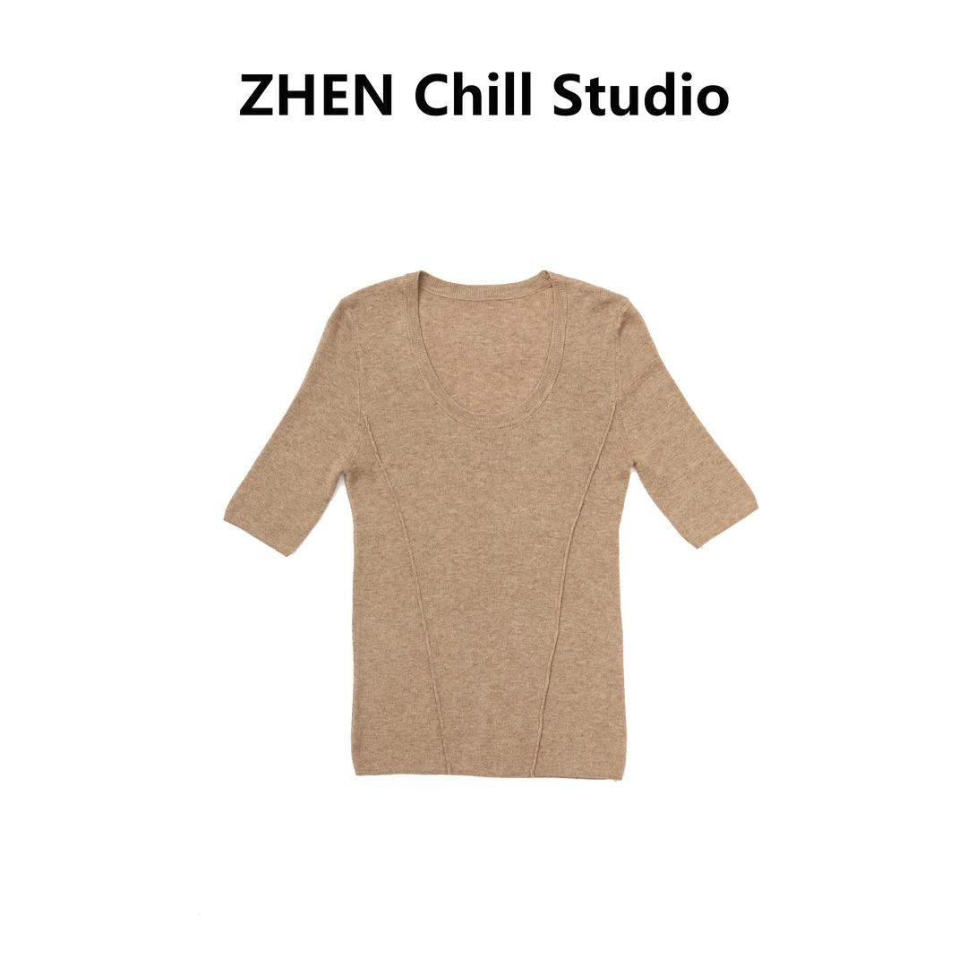 【ZHEN】针织百搭纯色圆领中袖气质时尚休闲简约女士上衣t2837