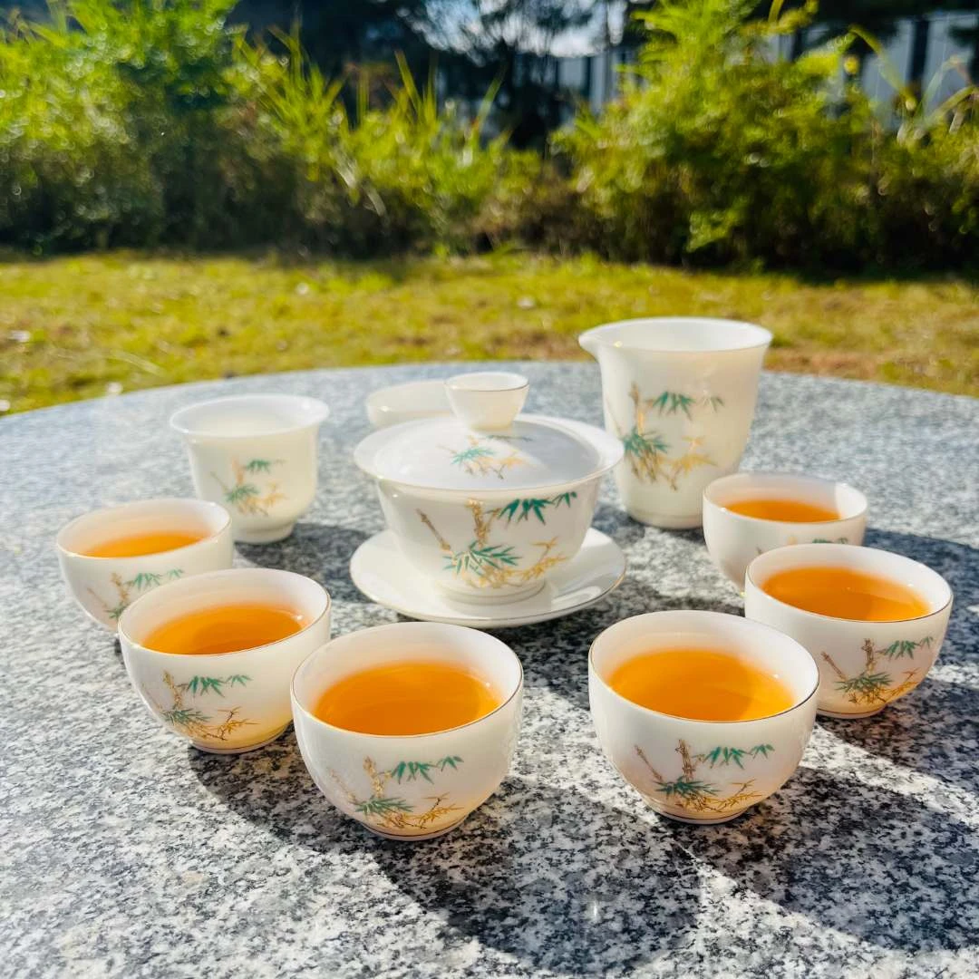 羊脂玉瓷金竹报喜白瓷功夫茶具套装高端全套直播家用泡茶