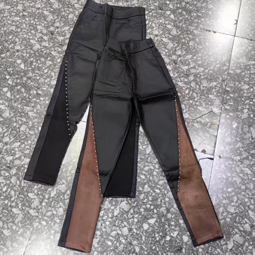 飞哥➕秋冬高腰修身拼接撞色涂层皮小脚裤显瘦