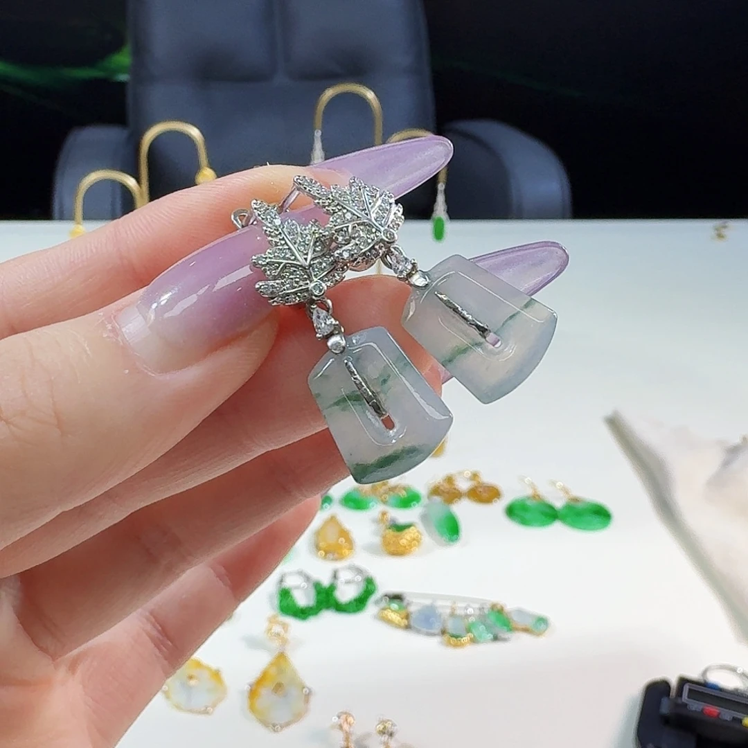 翡翠银S925镶嵌耳饰925镶嵌