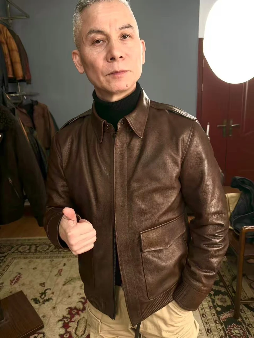 双色复古阿美咔叽鹅绒内胆经典A2头层牛皮男士冬季新款保暖防风