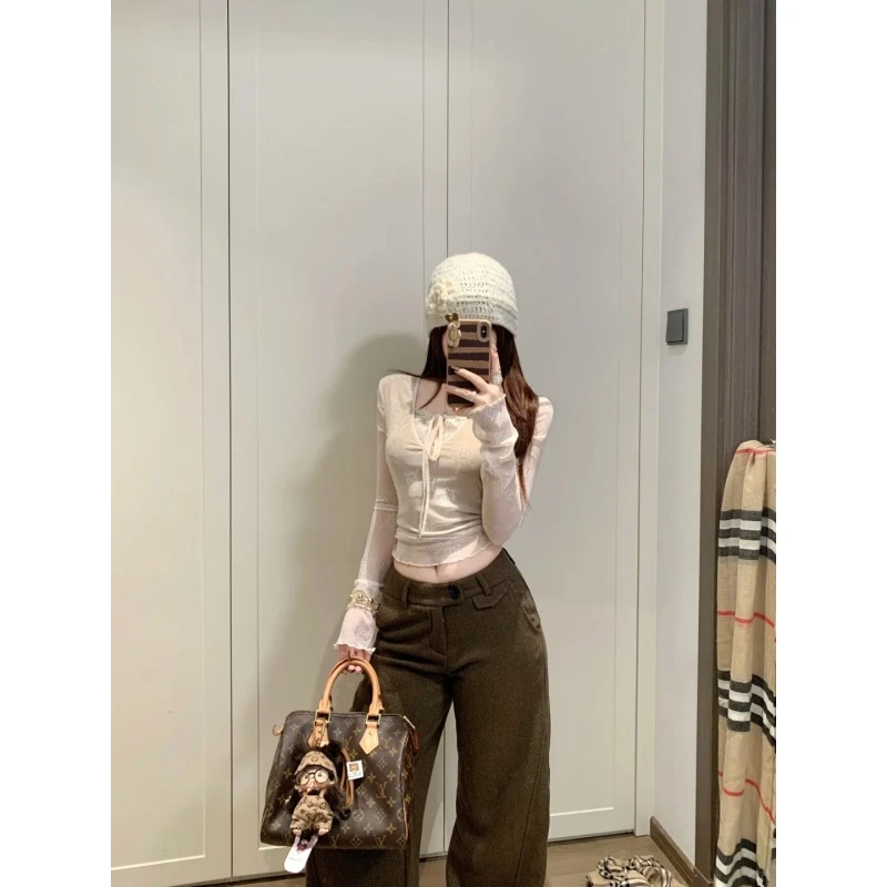 2025秋季新款纯欲风辣妹套装修身网纱打底衫T恤上衣百搭阔腿裤女