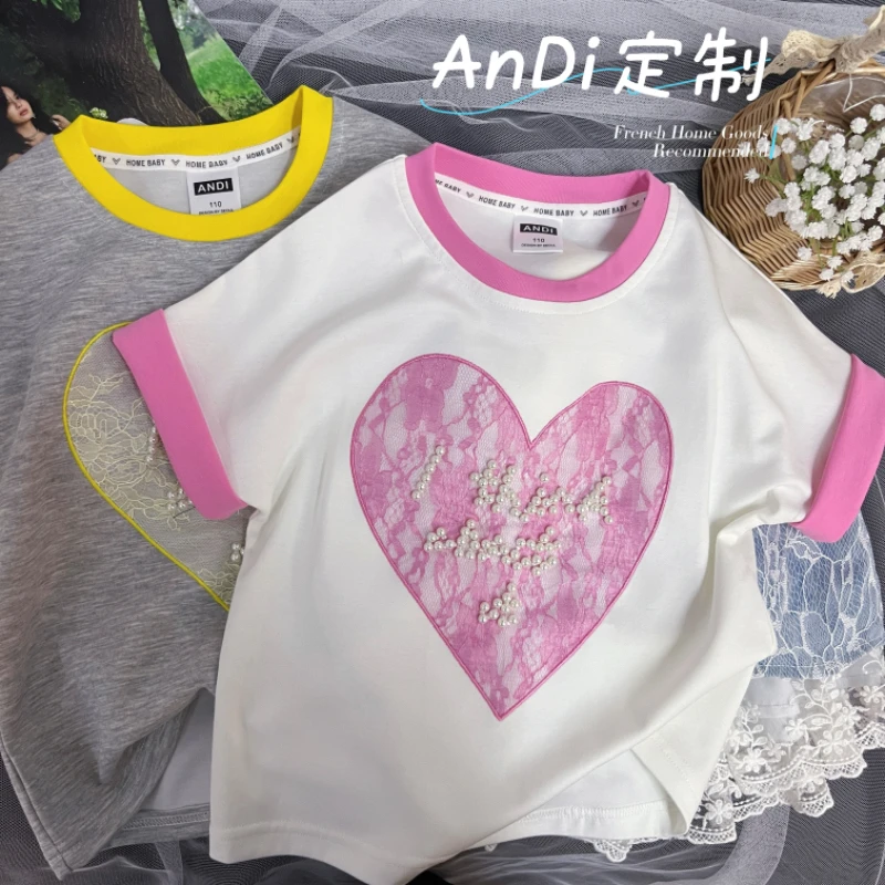 〖ANDI〗安迪订制女童韩版袖口领口拼色爱心小珠子短袖4149