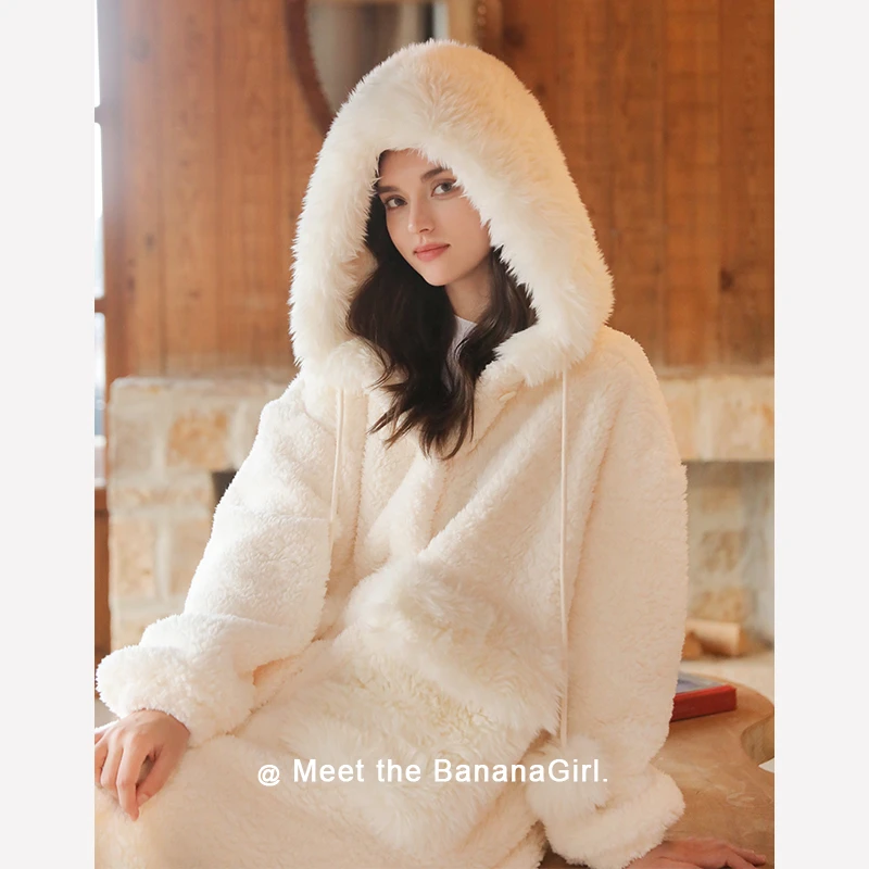 Bananagirl纯色长毛睡衣女冬季长袖加绒连帽睡袍套装家居服可外穿