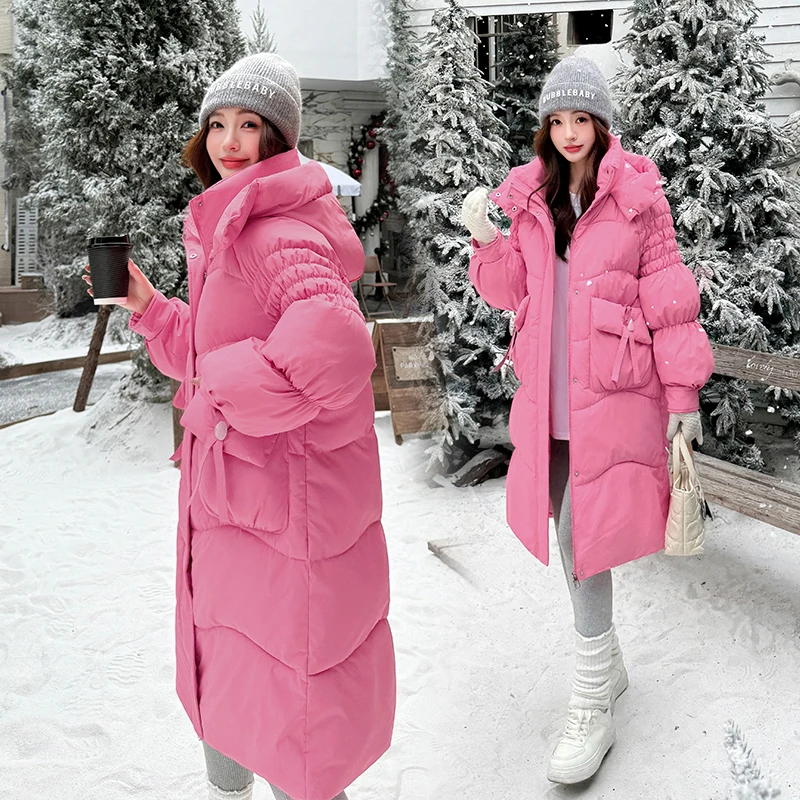 冰激凌粉色棉服女2025冬季新款棉衣女长款过膝加厚宽松面包服外套