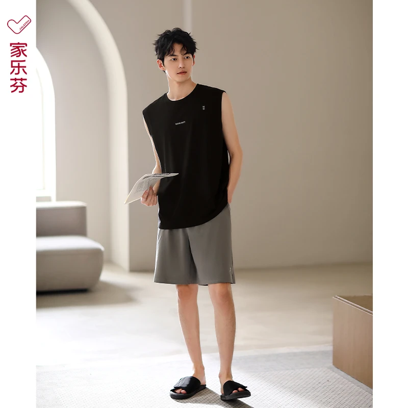 家乐芬睡衣男士夏季夏天无袖背心短裤莫代尔大码家居服套装可外穿