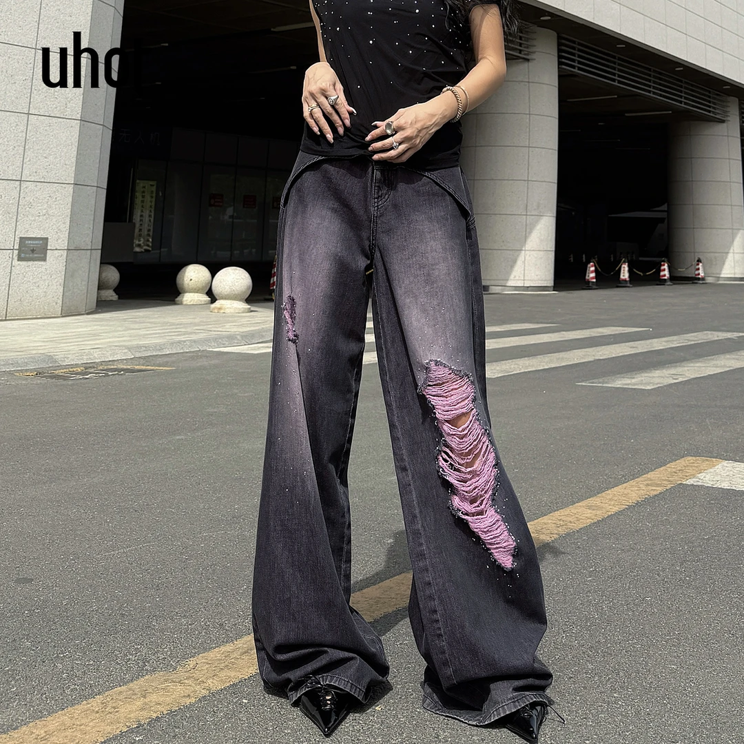 UHOT 黑粉色烫钻性感破洞直筒复古牛仔长裤25夏季新款 UWWR2K661M