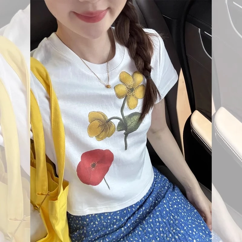 白色花朵印花圆领短袖T恤女夏季修身设计感韩系chic紧身正肩上衣