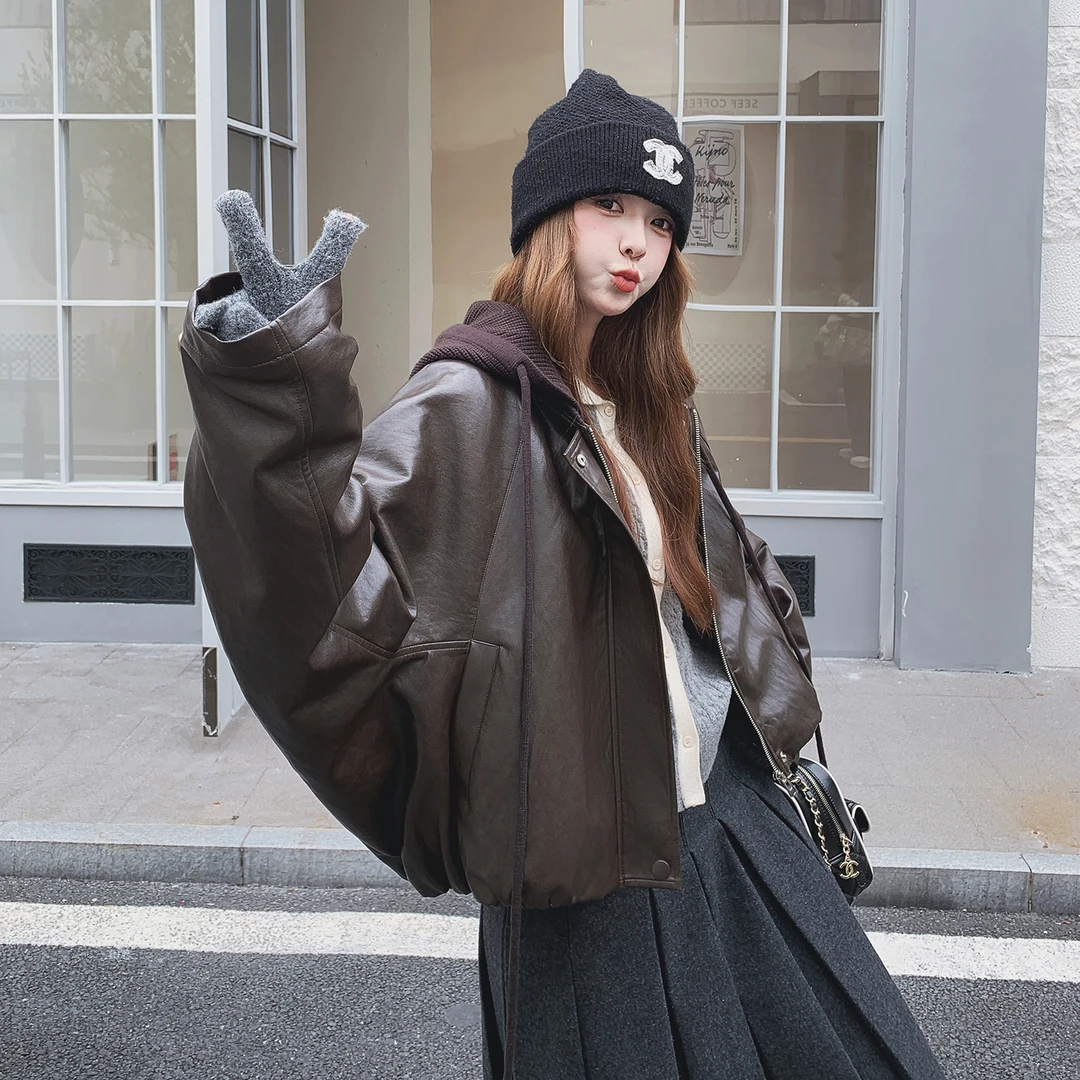 咖色羽绒服内胆皮衣女冬2025新款甜酷风小个子连帽超好看90绒外套