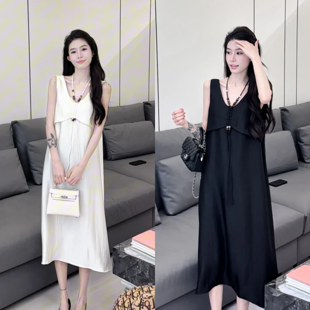 【温小柔定制.黑杏协奏】2025春夏新款宽松洋气挂脖吊带连衣裙