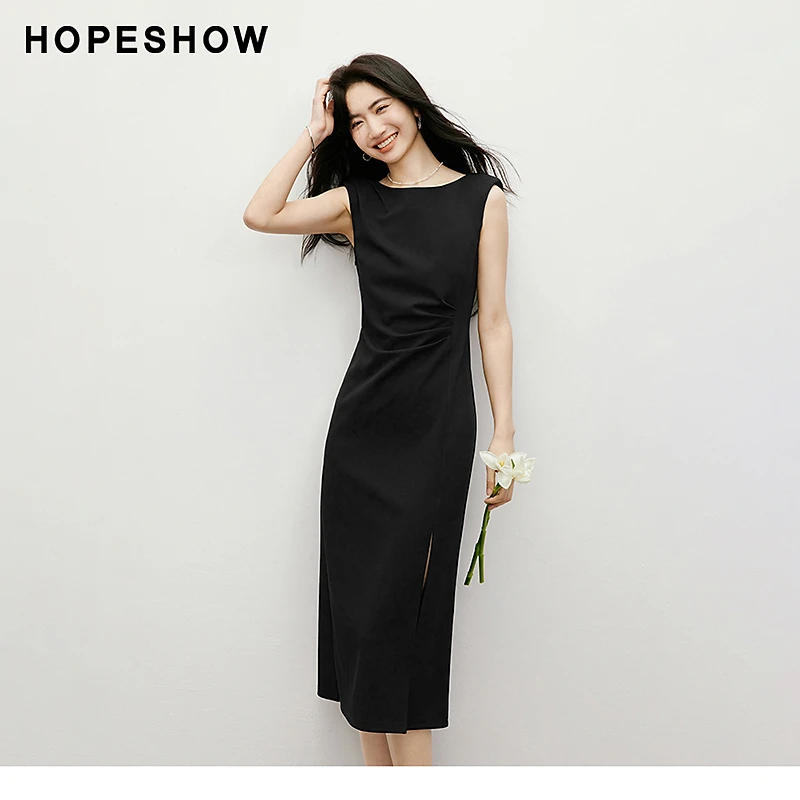 红袖2025夏季女装 赫本风侧拉收腰一字领套头小黑裙90225131602