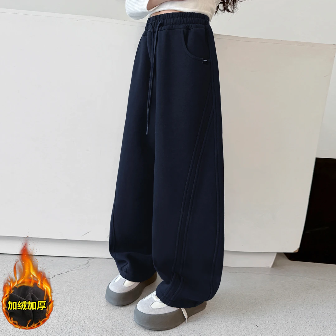 女童加绒裤子冬季6-12岁潮款儿童休闲裤加厚直筒阔腿裤秋冬中大童