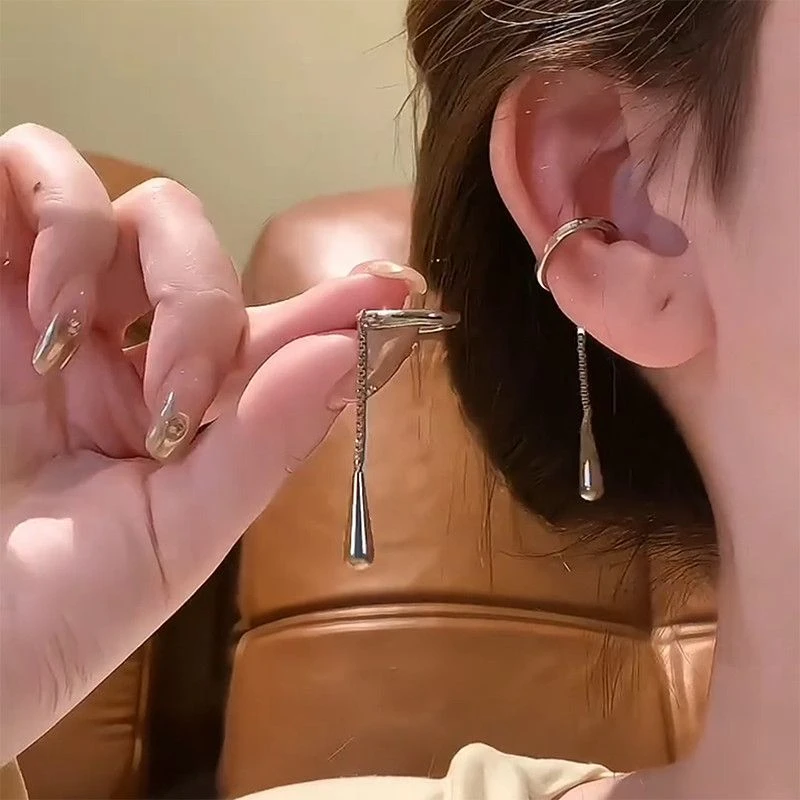 合金耳饰 清冷风银色水滴长款流苏链条无耳洞耳骨夹小众百搭耳夹