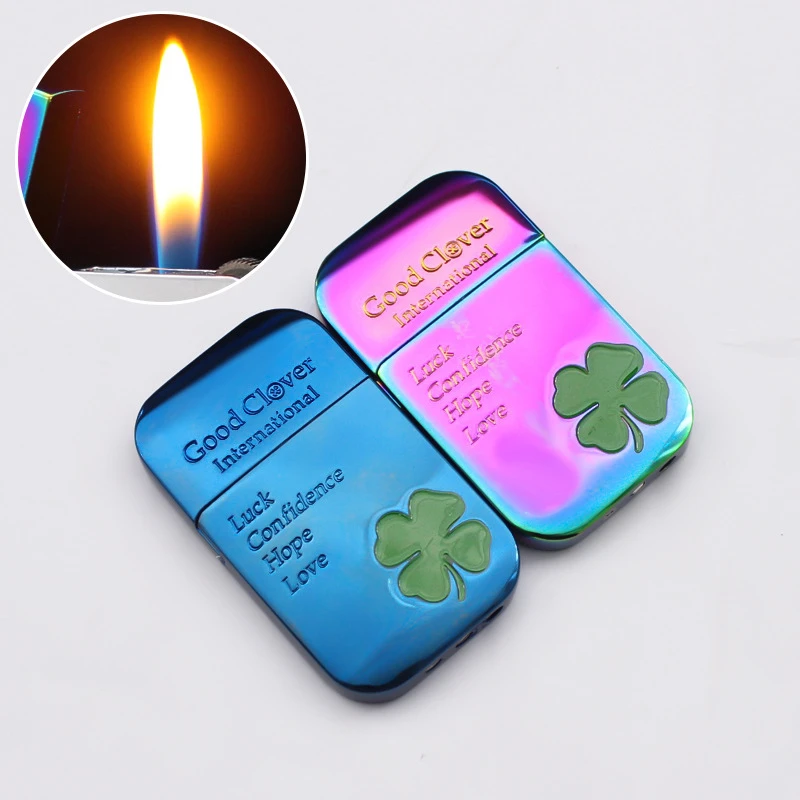 网红爆款高颜值四叶草雕刻工艺创意个性金属砂轮明火可充气打火机
