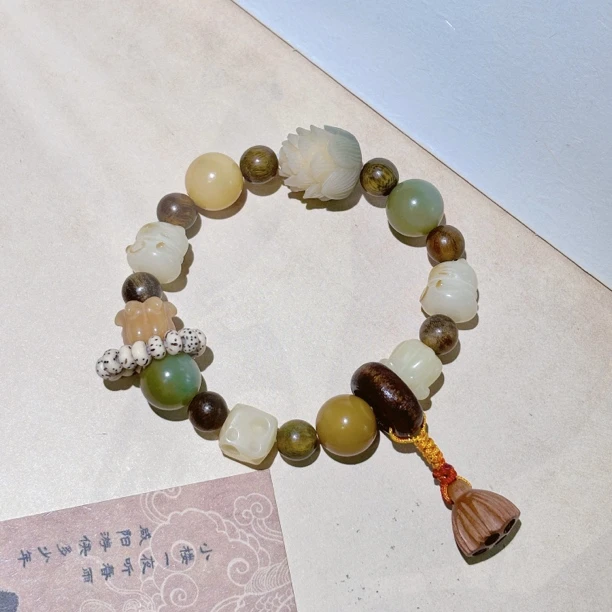 【菩提多宝】绿檀菩提复古手串跑环莲花招财猫串珠桃木配件手饰百搭