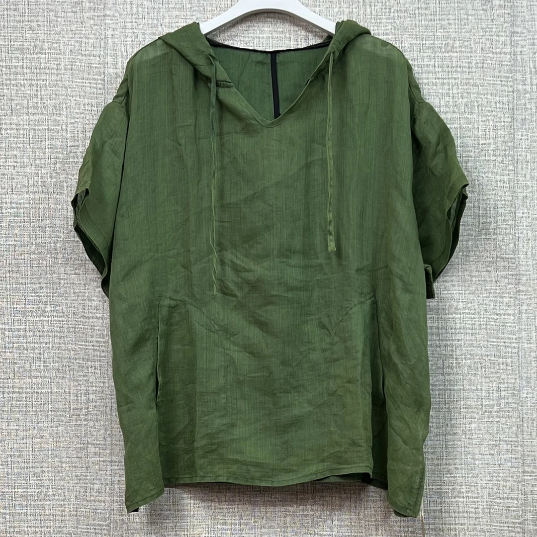 苎麻连帽短袖T恤衬衫时尚休闲百搭春夏季复古宽松纯色2025新款女