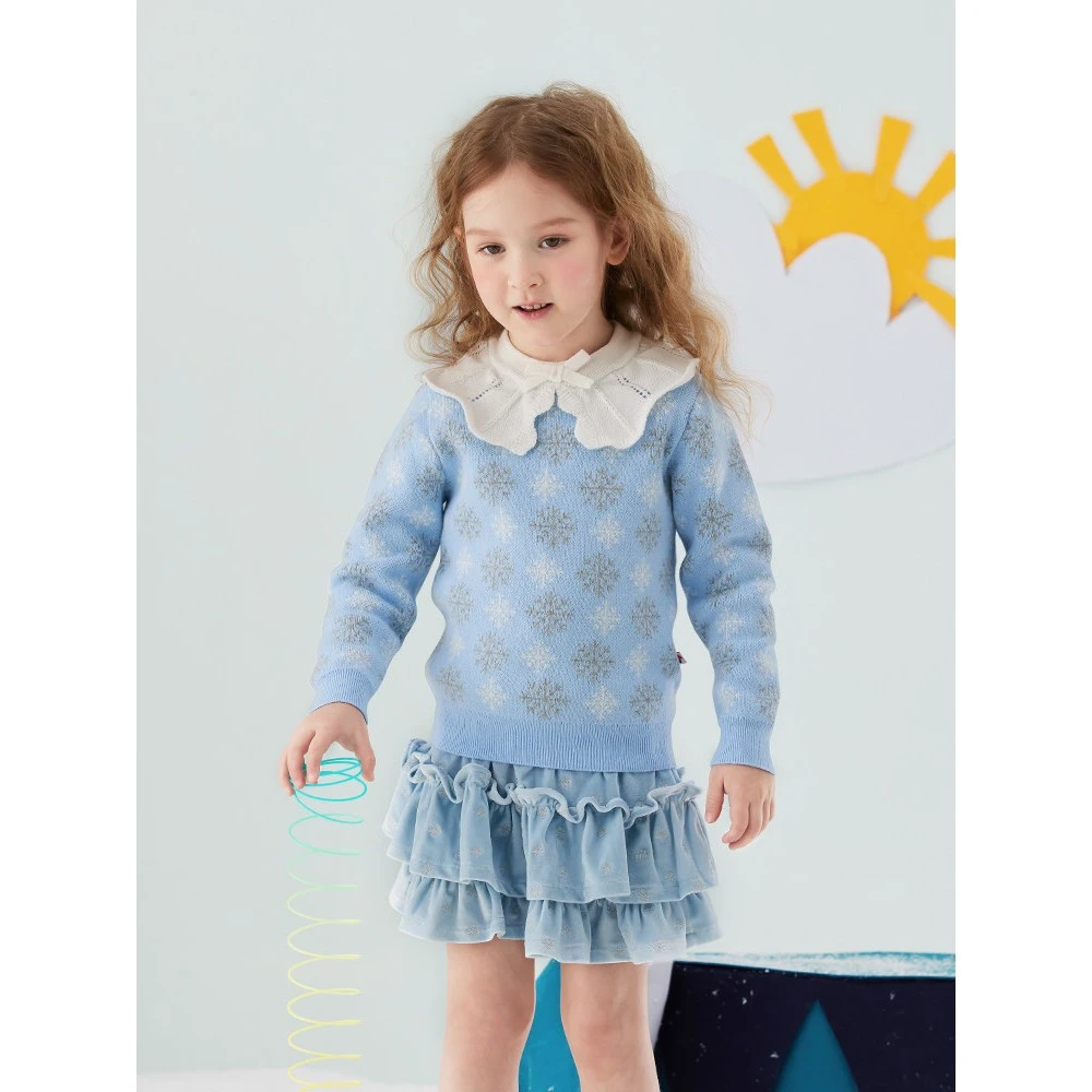 VAUVA【香港专柜】女童花边领毛衣蝴蝶结小童针织宽松圆领毛衣时尚