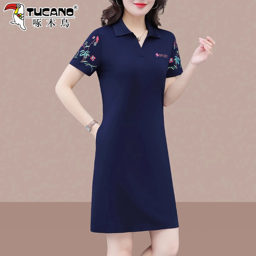 【官方】啄木鸟妈妈翻领连衣裙2026新款爆款夏季女士显瘦时尚冰丝裙