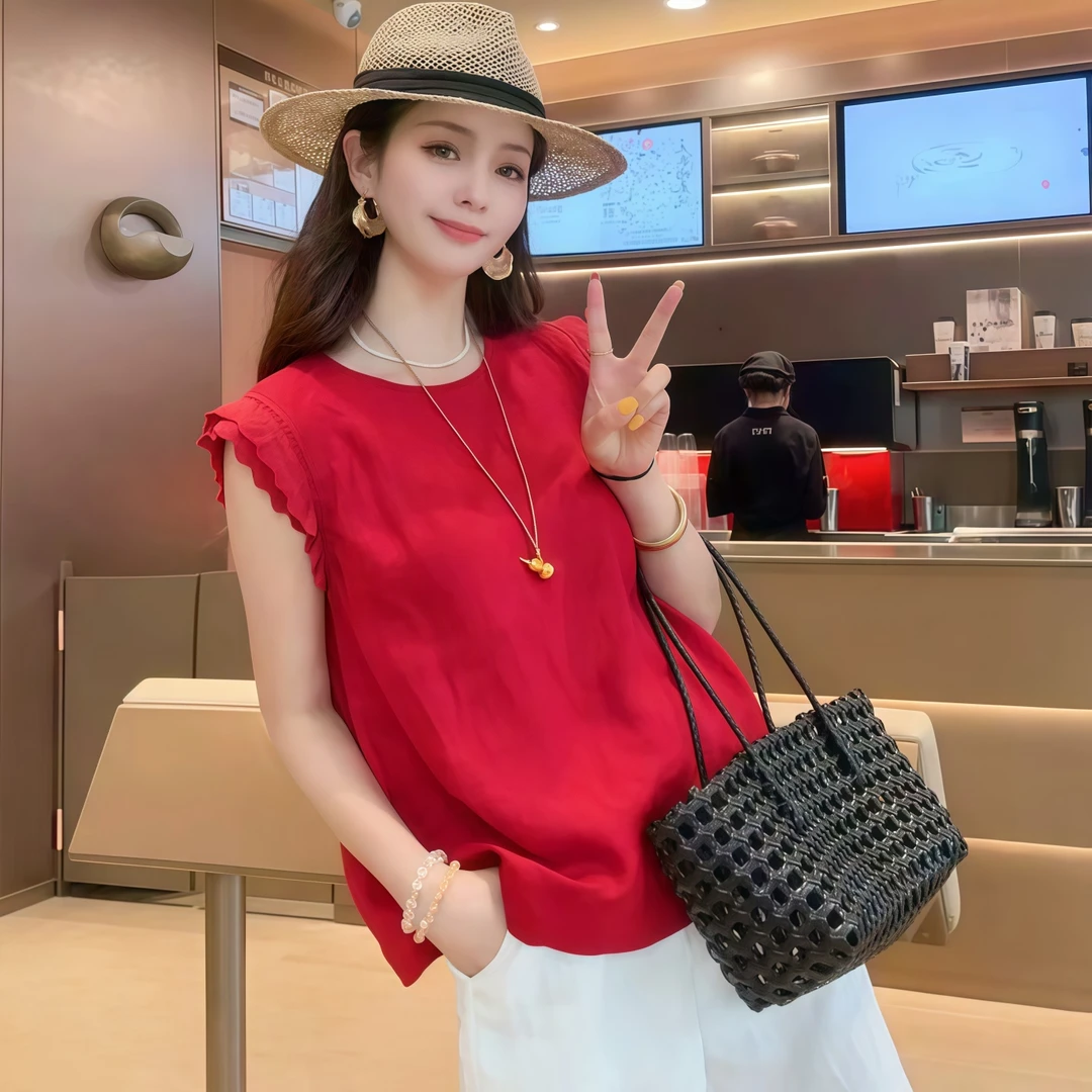 法式复古红色无袖衬衫2025夏季独特超好看气质宽松上衣女士小衫