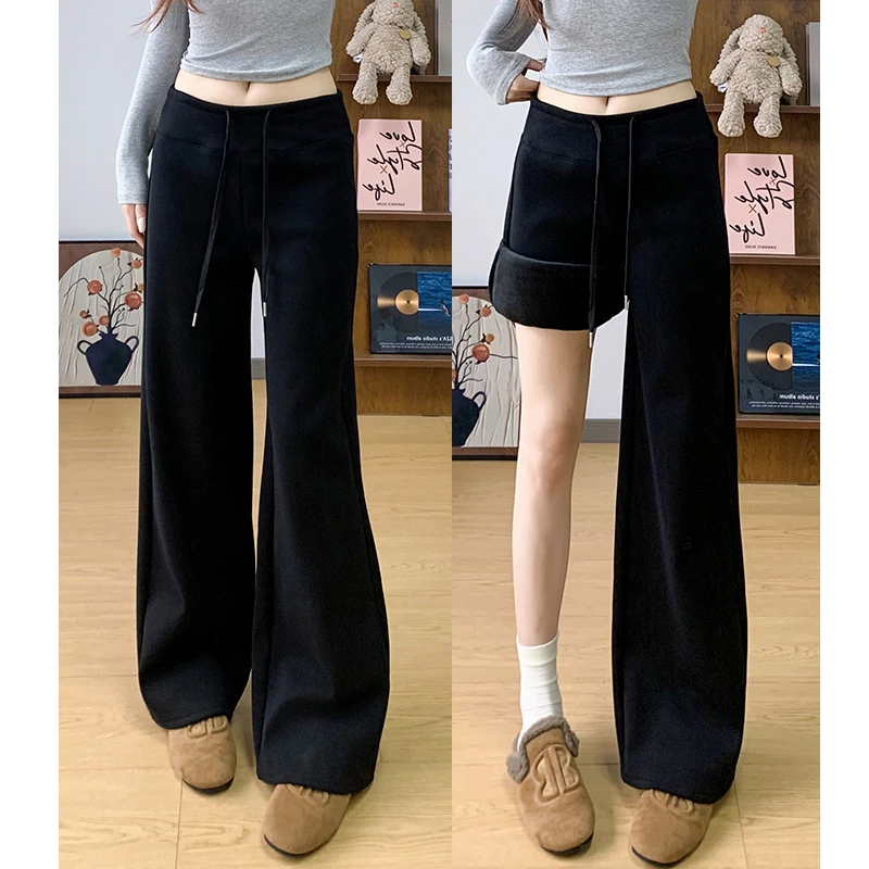 黑色新款加绒加厚慵懒风阔腿裤女秋冬季高腰宽松小个子休闲运动裤