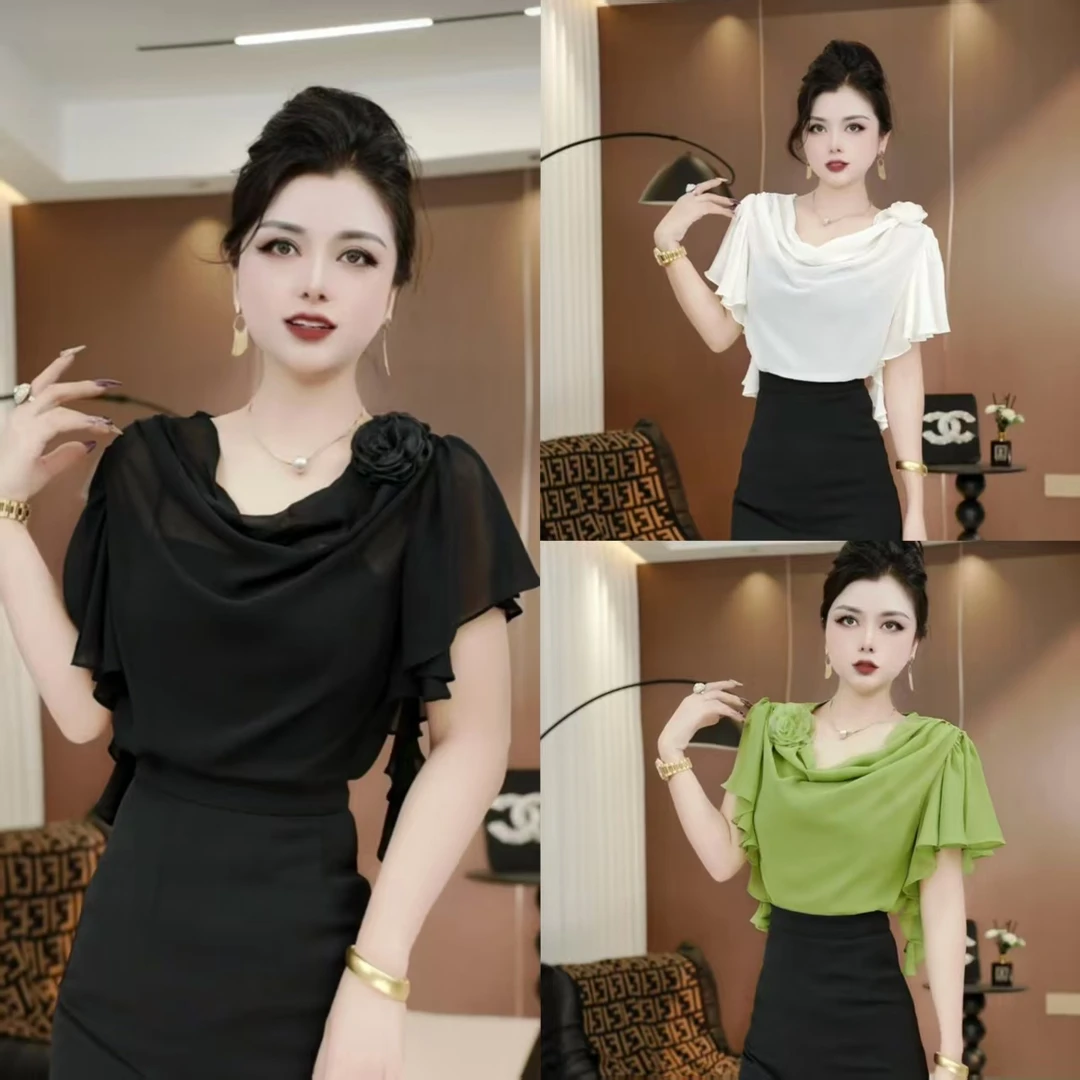 2025夏季推推领上衣女设计感荷叶边轻云纱衫花朵装饰上衣79-