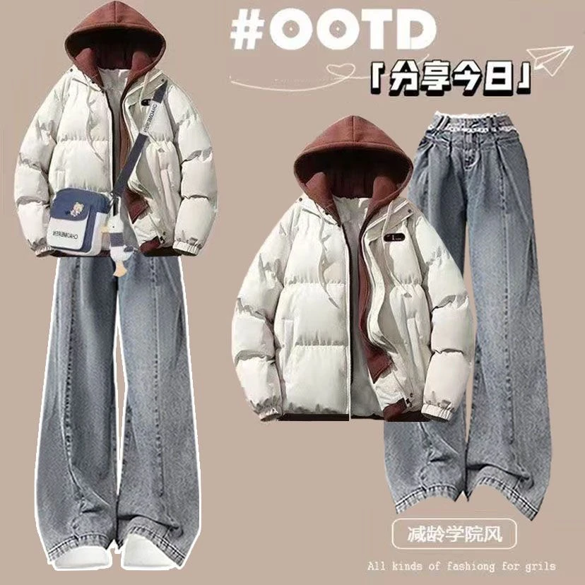 冬季套装女学生韩版宽松假两件棉服外套+高腰花边牛仔裤两件套潮